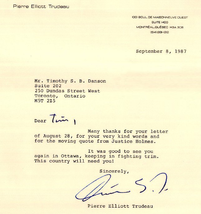 Personal letter from the Rt. Hon. Pierre Elliott Trudeau to Tim Danson, dated September 8, 1987